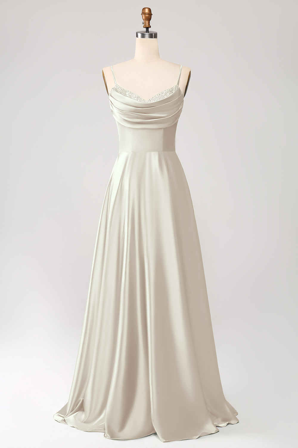 Dark Green A Line Cowl Neck Satin Long Ball Dress with Pleated
