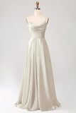 Dark Green A Line Cowl Neck Satin Long Ball Dress with Pleated