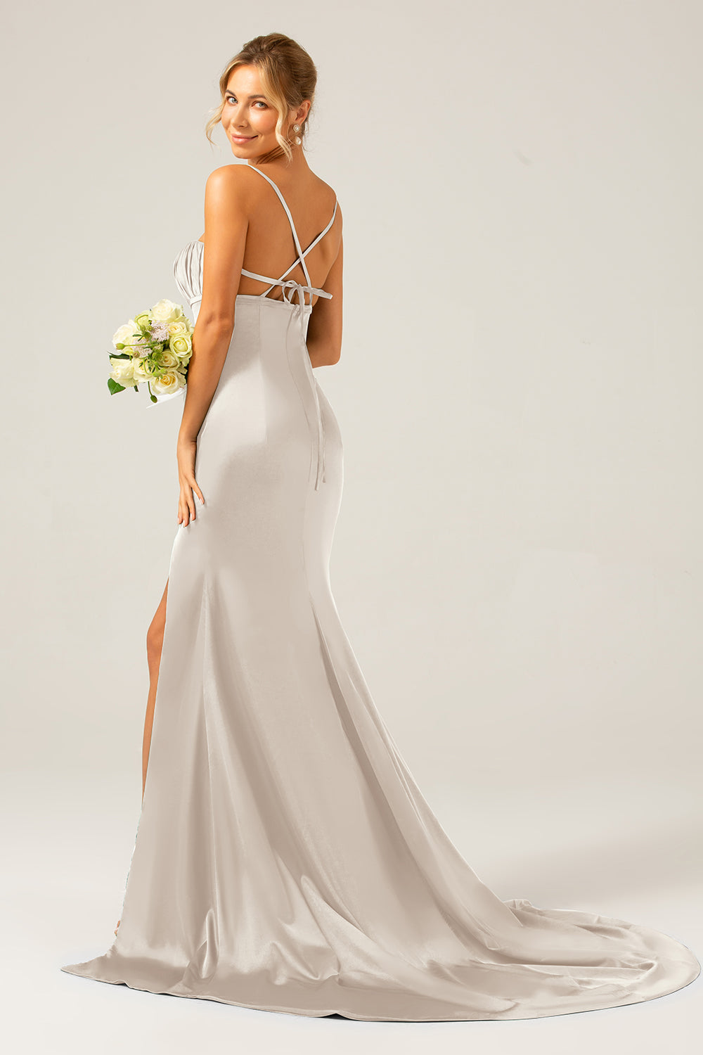 Dusty Sage Mermaid Spaghetti Straps Satin Pleated Ball Dress