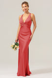 Dark Green Sheath V Neck Ruched Satin Long Bridesmaid Dress with Lace Up Back