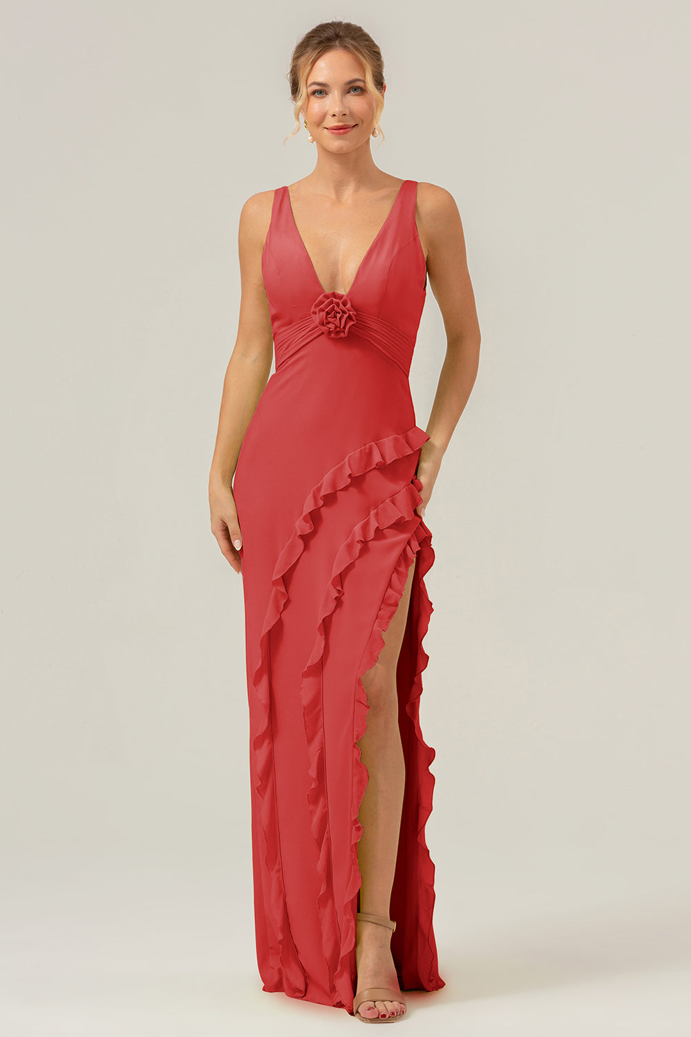 Royal Blue Sheath Deep V Neck Backless Long Bridesmaid Dress with Ruffle Slit