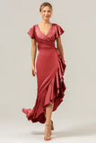 Dark Green A Line V Neck Satin Asymmetrical Bridesmaid Dress with Ruffle Slit