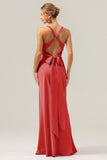 Royal Blue Sheath V Neck Ruched Satin Long Bridesmaid Dress with Lace Up Back