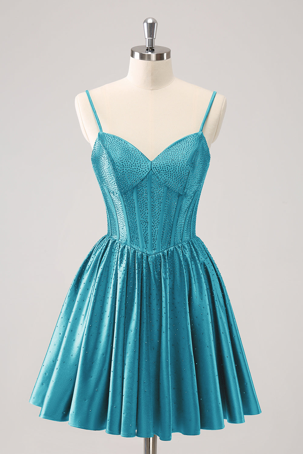 Dark Green A-Line Spaghetti Straps Corset Pleated Homecoming Dress