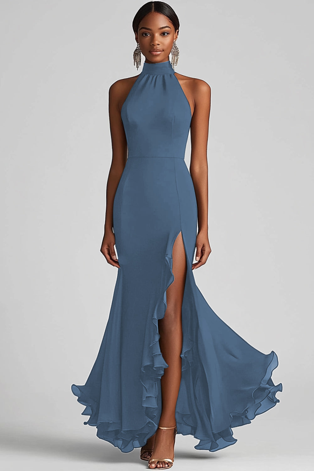 Black Halter Neck Ruffles Mermaid Long Formal Dress