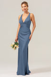 Dark Green Sheath V Neck Ruched Satin Long Bridesmaid Dress with Lace Up Back