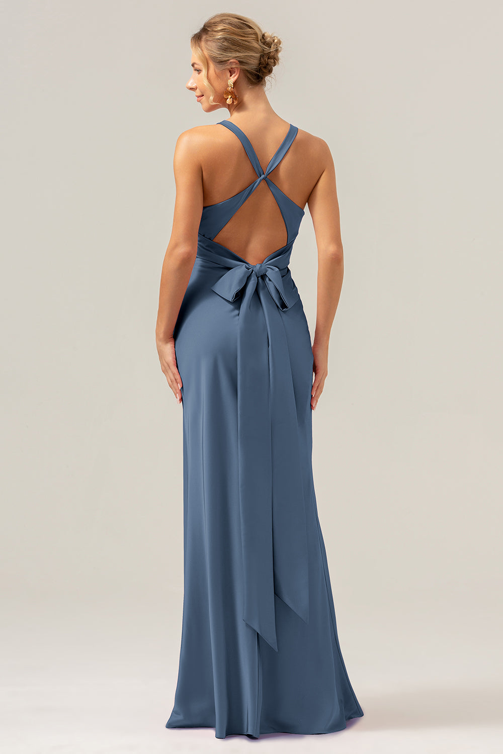 Royal Blue Sheath V Neck Ruched Satin Long Bridesmaid Dress with Lace Up Back