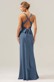 Royal Blue Sheath V Neck Ruched Satin Long Bridesmaid Dress with Lace Up Back