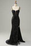 Mermaid Spaghetti Straps Black Sequins Long Ball Dress with Split Front