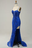 Red Mermaid Spaghetti Straps Sequins Long Ball Dress with Split Front
