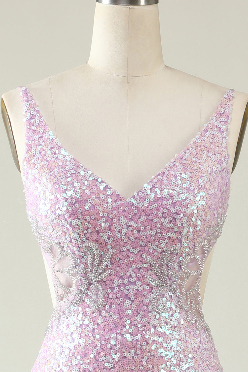 Lilac Sheath V Neck Sequins Long Ball Dress with Split Front