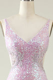 Lilac Sheath V Neck Sequins Long Ball Dress with Split Front