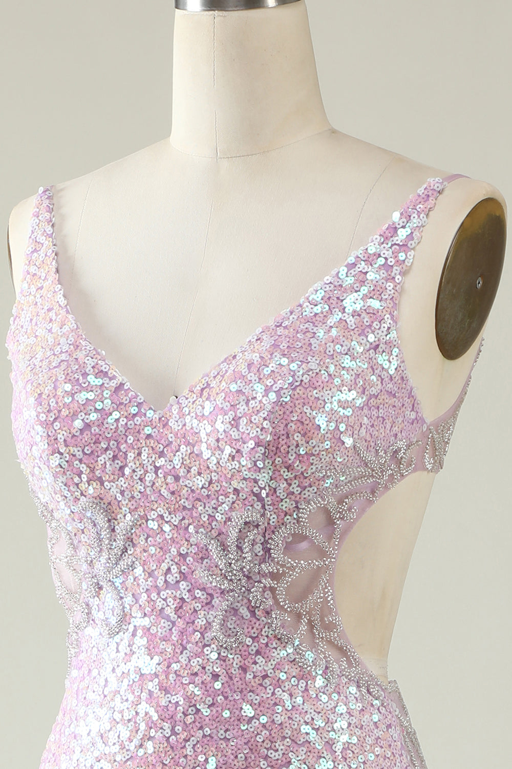 Lilac Sheath V Neck Sequins Long Ball Dress with Split Front