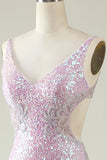 Lilac Sheath V Neck Sequins Long Ball Dress with Split Front