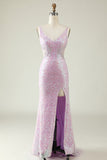 Lilac Sheath V Neck Sequins Long Ball Dress with Split Front