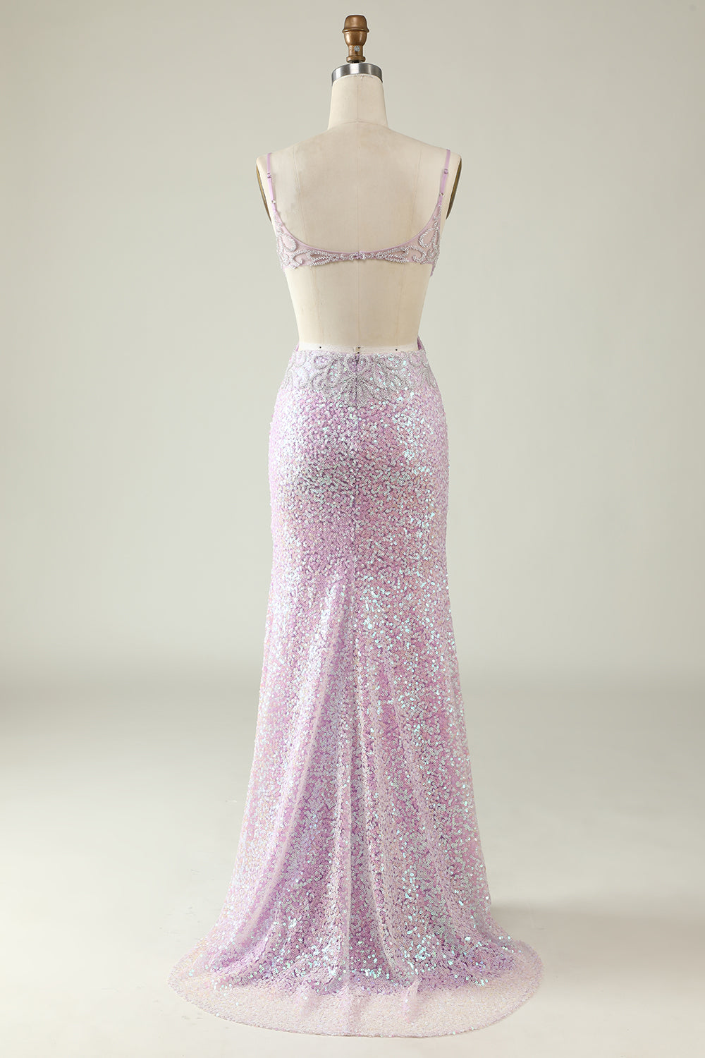 Lilac Sheath V Neck Sequins Long Ball Dress with Split Front