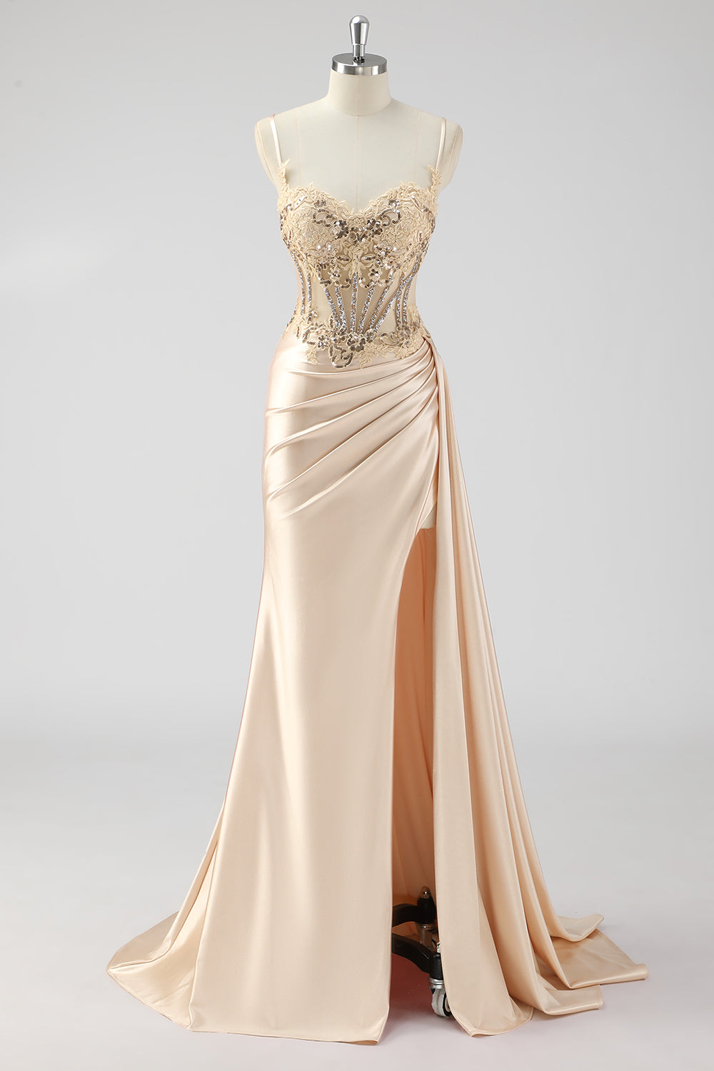 Silver Mermaid Pleated Sheer Long Corset Satin Ball Dress With Slit