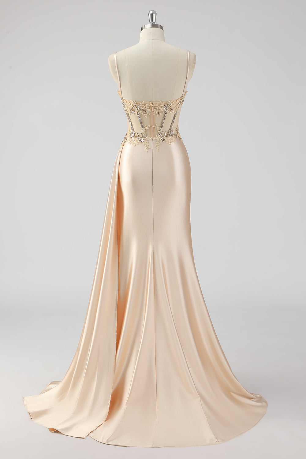 Silver Mermaid Pleated Sheer Long Corset Satin Ball Dress With Slit