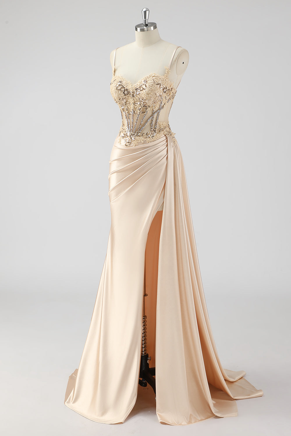 Silver Mermaid Pleated Sheer Long Corset Satin Ball Dress With Slit