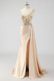 Silver Mermaid Pleated Sheer Long Corset Satin Ball Dress With Slit