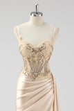 Silver Mermaid Pleated Sheer Long Corset Satin Ball Dress With Slit