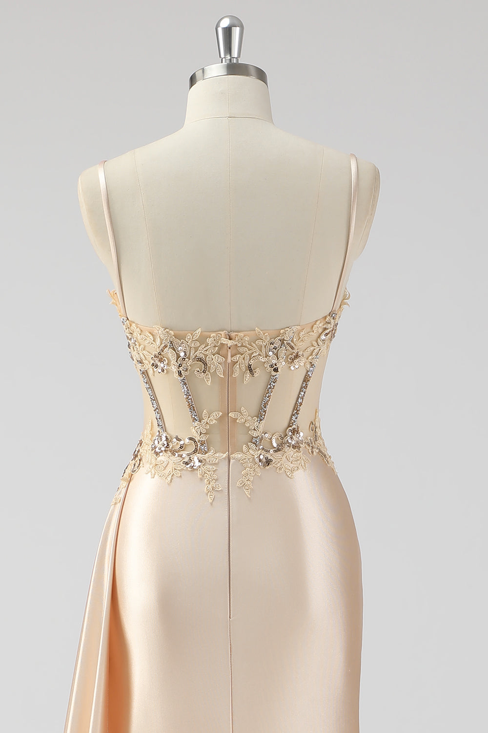 Silver Mermaid Pleated Sheer Long Corset Satin Ball Dress With Slit