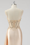 Silver Mermaid Pleated Sheer Long Corset Satin Ball Dress With Slit