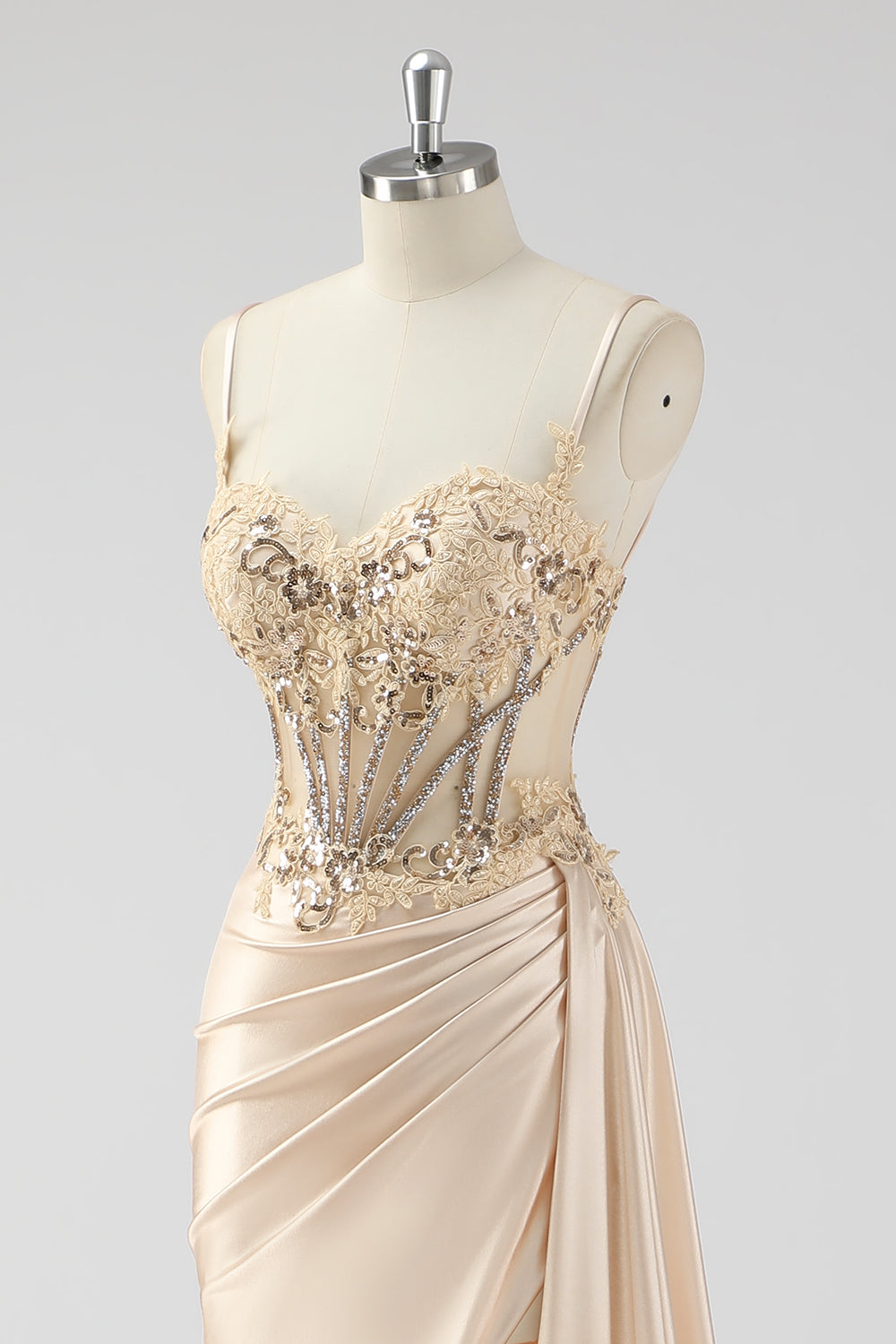 Silver Mermaid Pleated Sheer Long Corset Satin Ball Dress With Slit