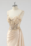 Silver Mermaid Pleated Sheer Long Corset Satin Ball Dress With Slit