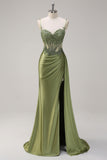 Silver Mermaid Pleated Sheer Long Corset Satin Ball Dress With Slit