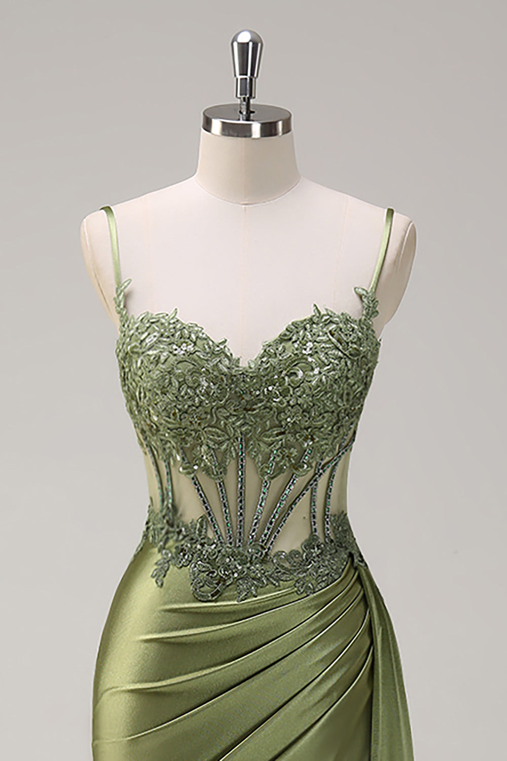 Silver Mermaid Pleated Sheer Long Corset Satin Ball Dress With Slit