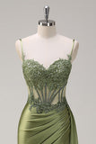 Silver Mermaid Pleated Sheer Long Corset Satin Ball Dress With Slit
