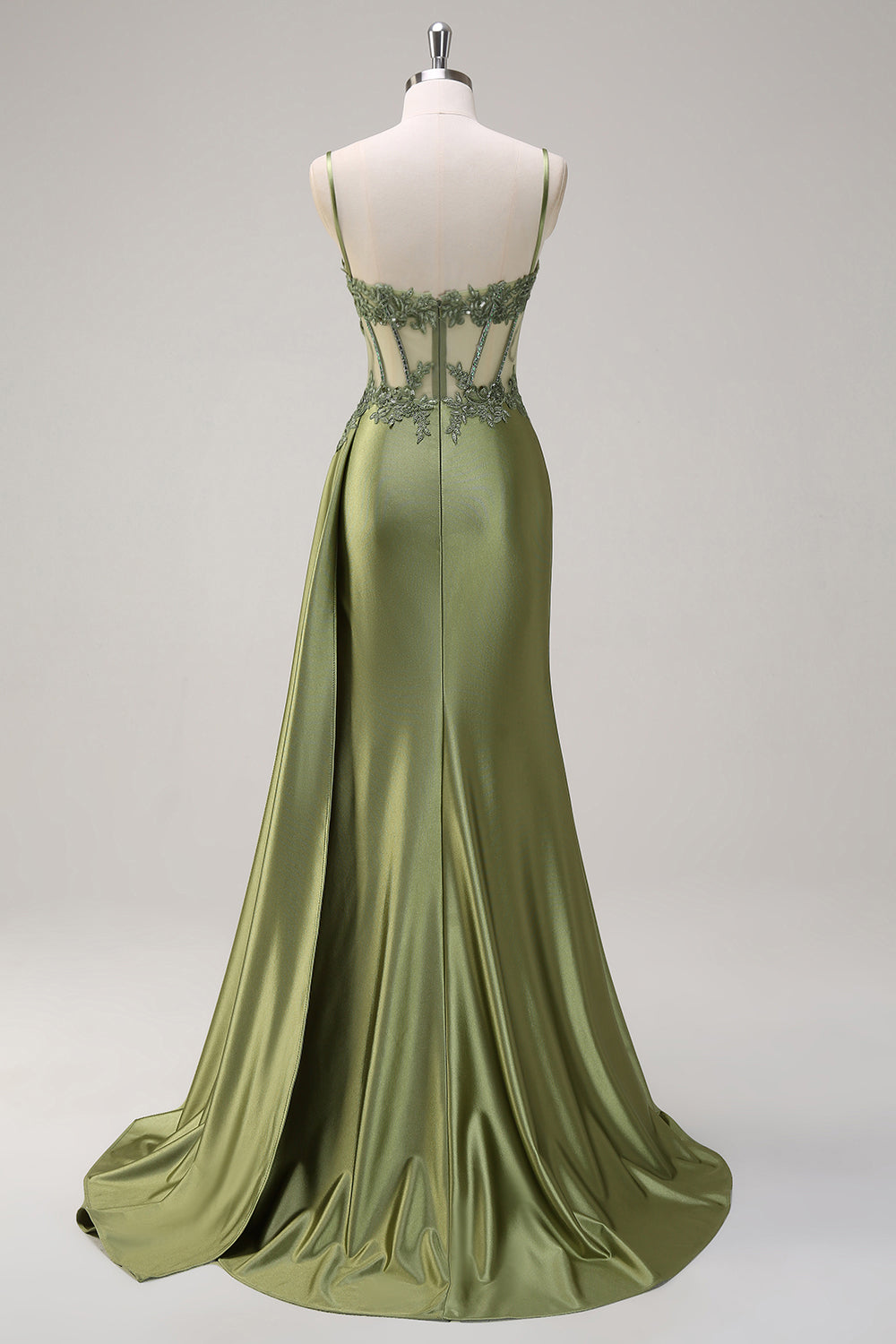 Silver Mermaid Pleated Sheer Long Corset Satin Ball Dress With Slit