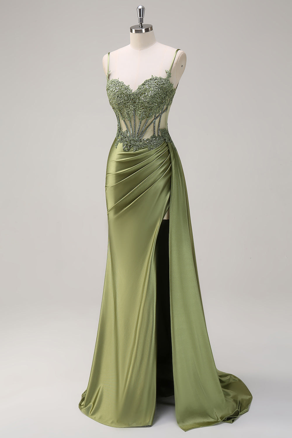 Silver Mermaid Pleated Sheer Long Corset Satin Ball Dress With Slit