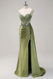Silver Mermaid Pleated Sheer Long Corset Satin Ball Dress With Slit