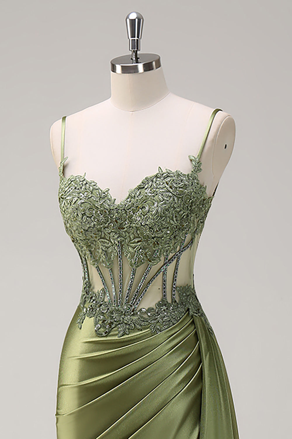 Silver Mermaid Pleated Sheer Long Corset Satin Ball Dress With Slit