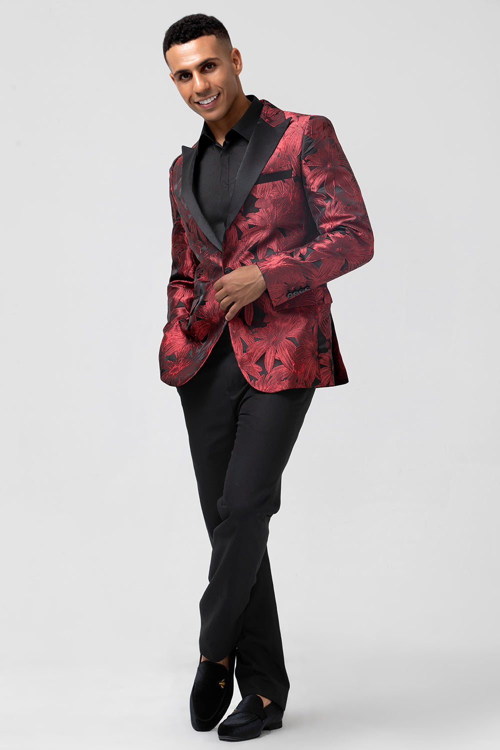 Peak Lapel Burgundy Jacquard One Button 2 Piece Men's Prom Blazer
