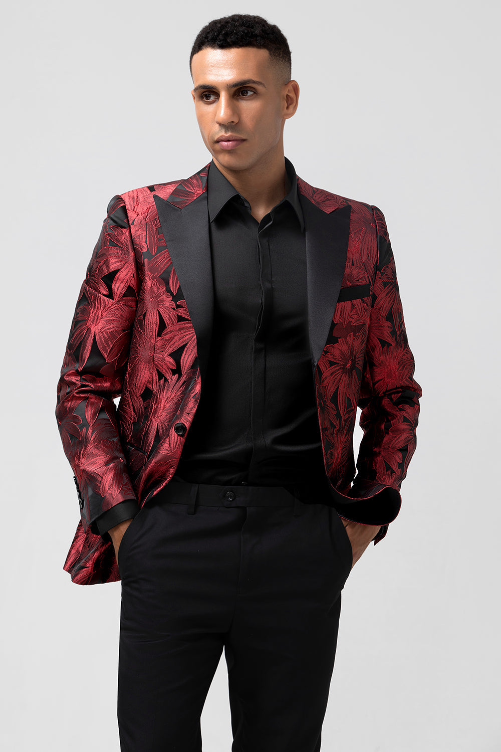 Peak Lapel Burgundy Jacquard One Button 2 Piece Men's Prom Blazer