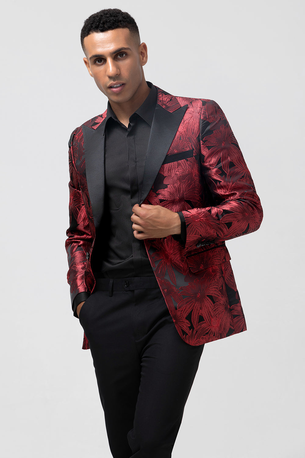 Peak Lapel Burgundy Jacquard One Button 2 Piece Men's Prom Blazer