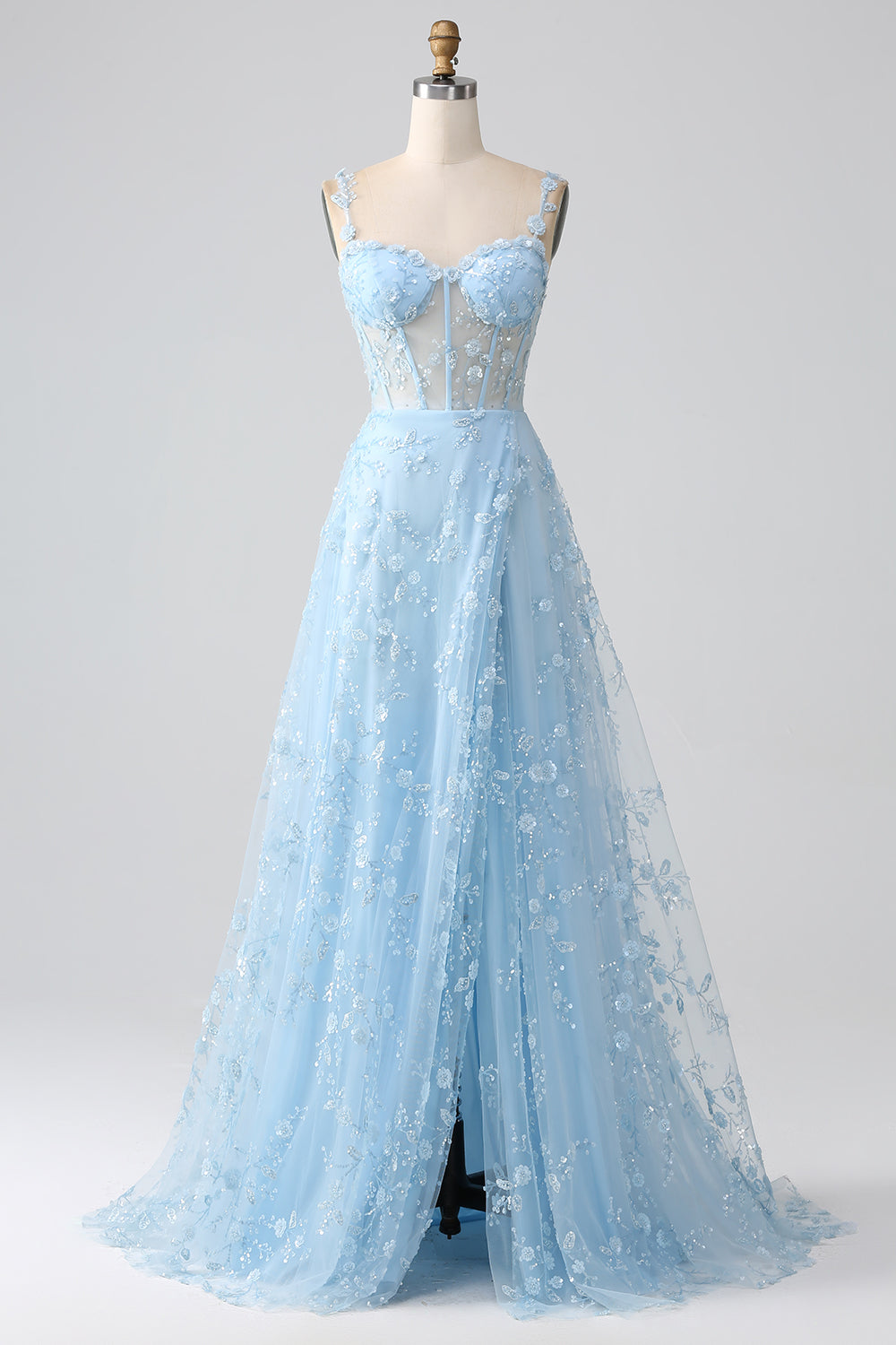 Sparkly Blush A Line Spaghetti Straps Sequin Corset Ball Dress with Slit