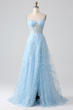 Sparkly Blush A Line Spaghetti Straps Sequin Corset Ball Dress with Slit