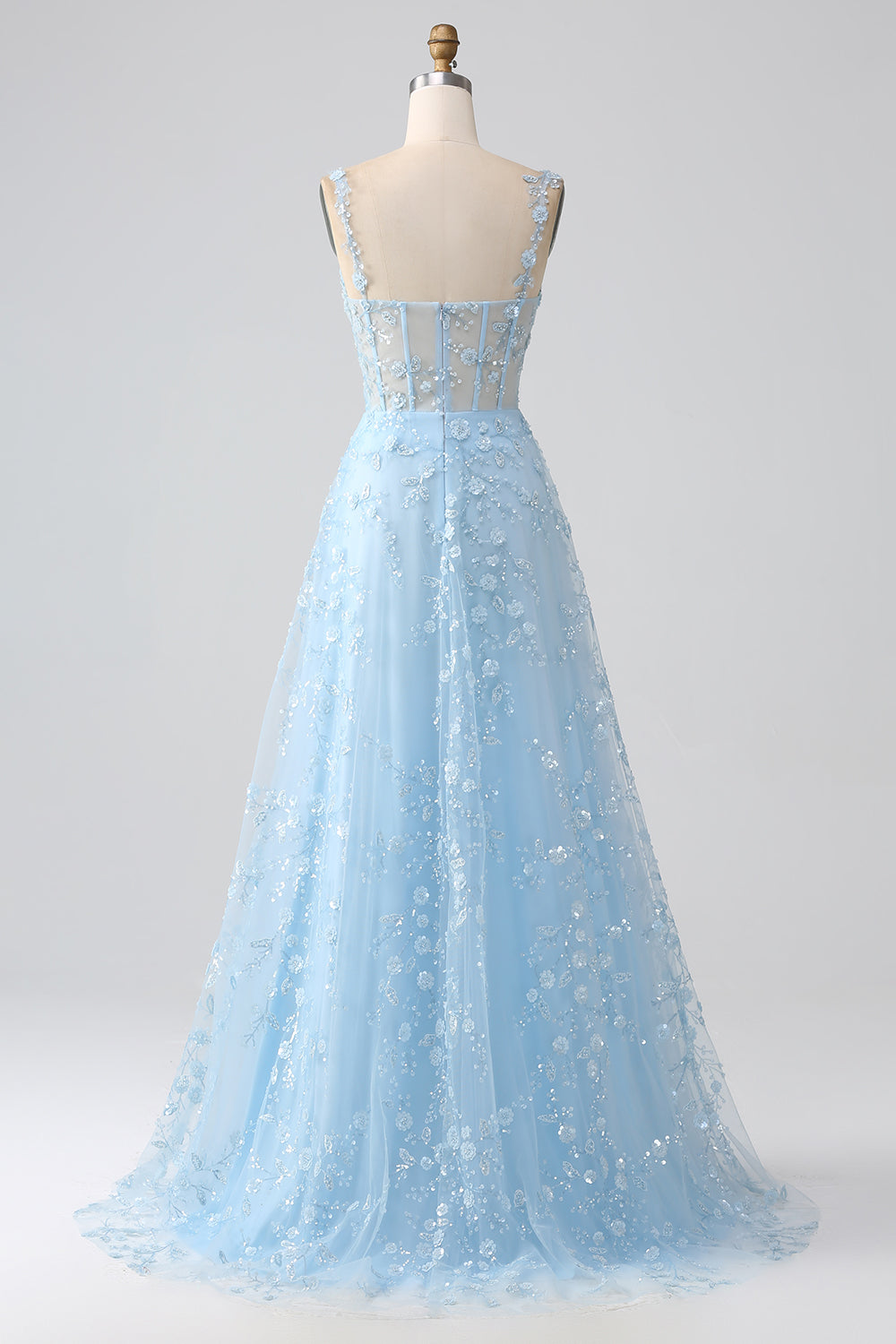Sparkly Blush A Line Spaghetti Straps Sequin Corset Ball Dress with Slit