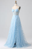 Sparkly Blush A Line Spaghetti Straps Sequin Corset Ball Dress with Slit