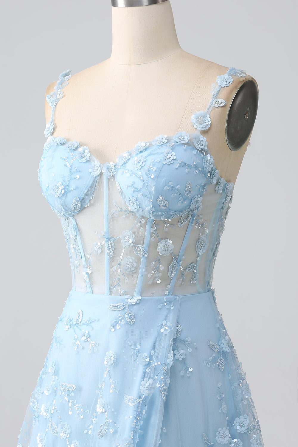 Sparkly Blush A Line Spaghetti Straps Sequin Corset Ball Dress with Slit