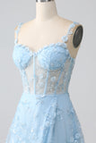 Sparkly Blush A Line Spaghetti Straps Sequin Corset Ball Dress with Slit