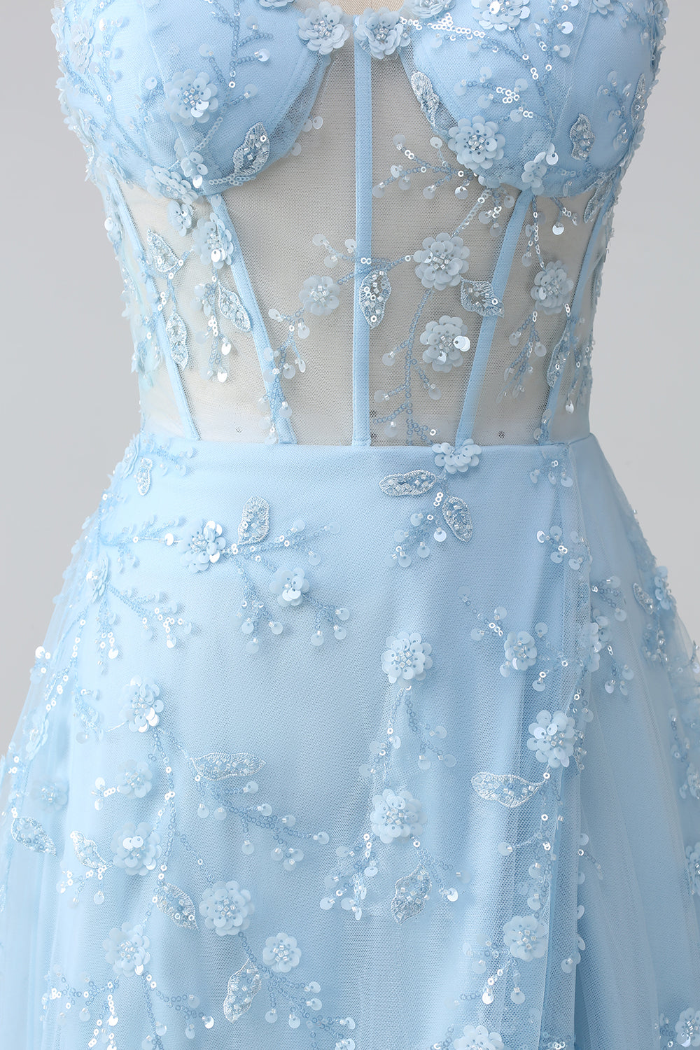 Sparkly Blush A Line Spaghetti Straps Sequin Corset Ball Dress with Slit