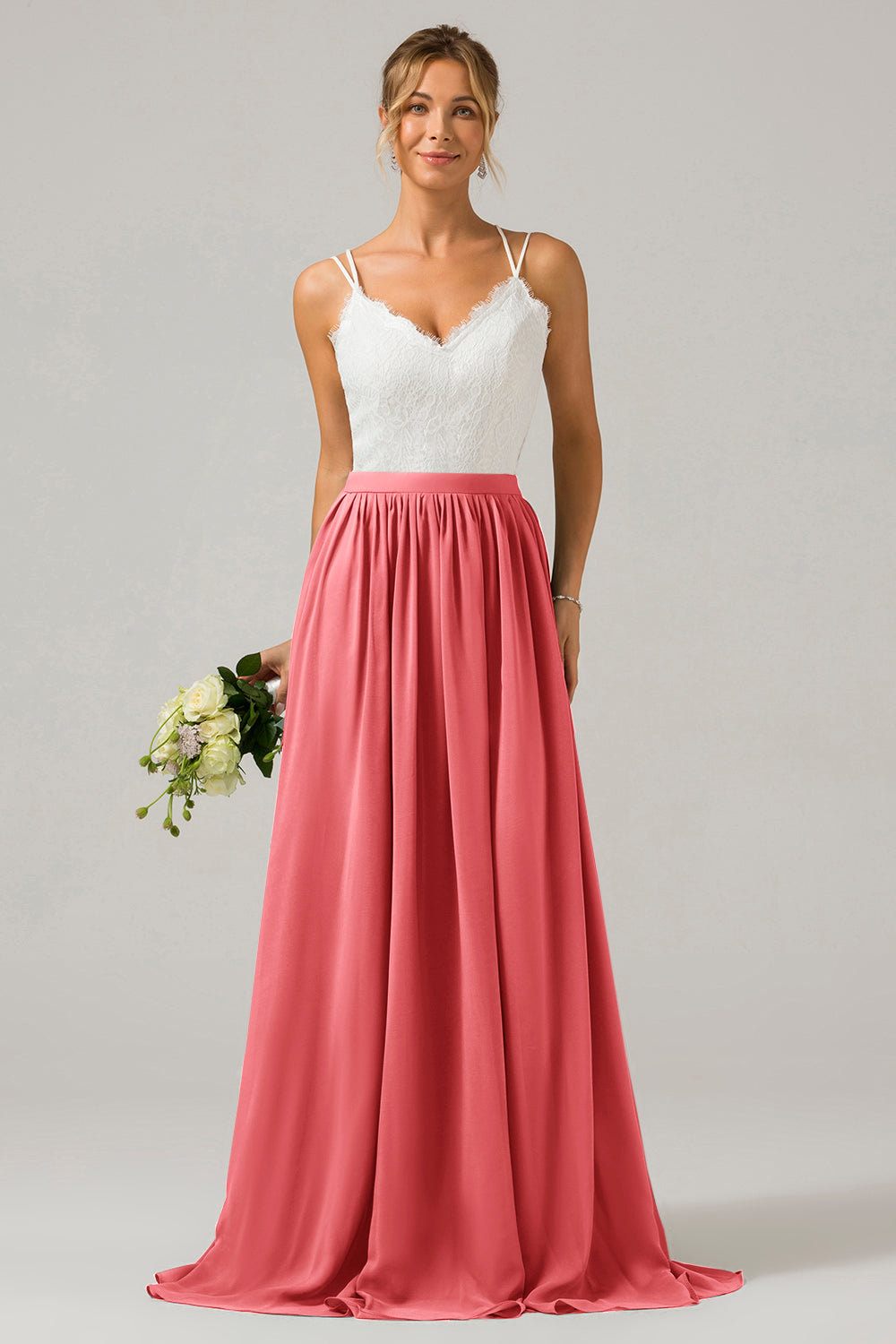 White Open Back Boho Chiffon Long Bridesmaid Dress with Lace