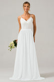 White Open Back Boho Chiffon Long Bridesmaid Dress with Lace