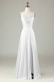 Keyhole Spaghetti Straps White Bridesmaid Dress with Slit