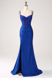 Glitter Royal Blue Mermaid Spaghetti Straps Long Ball Dress with Appliques
